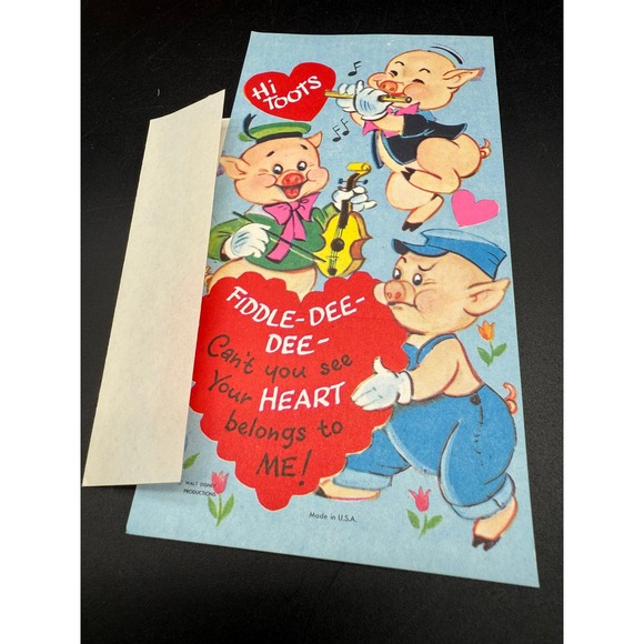Walt Disney Productions Other - Vintage Walt Disney Valentine Card Three Little Pigs Music Theme 1960s Envelope